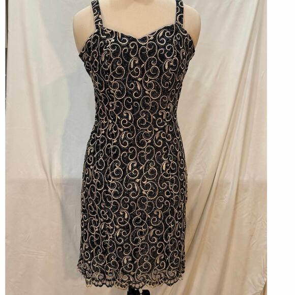 Poly Dresses & Skirts - Vintage Poly Black Gold Embroidered Glitter Mesh Cocktail Mini Dress S